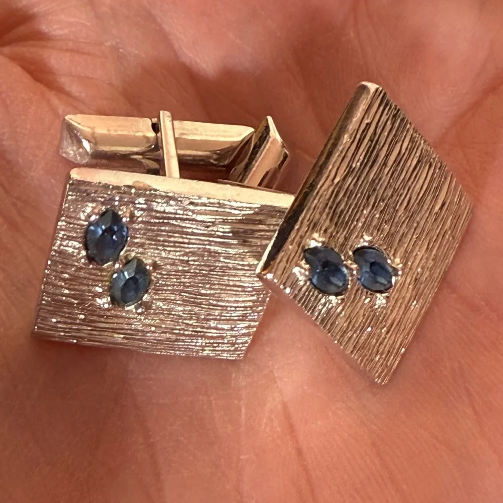 Vintage 1940- 60 Swank Art deco silver Blue Marquise stone Square cuff links